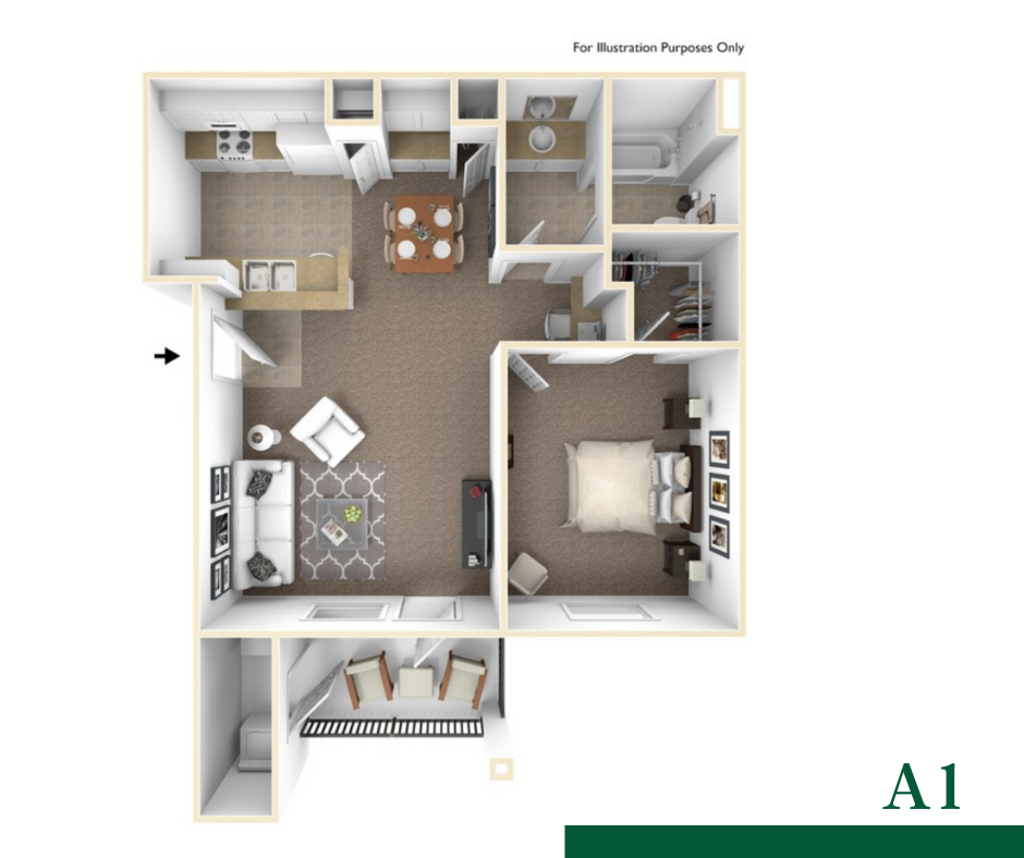 Floor plan for 1 bed, 1 bath, 754 sqft